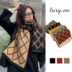 Khăn choàng cổ len unisex nam nữ họa tiết trơn phối nét hình thoi cao cấp chất mịn thời trang Hàn thu đông - LN015