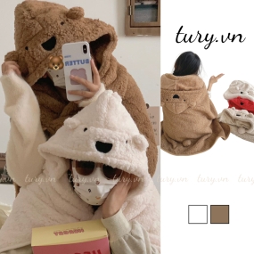 Áo choàng cổ unisex nữ, Khăn len choàng cổ họa tiết gấu cao cấp chất mịn thời trang thu đông tone nâu be - LN052