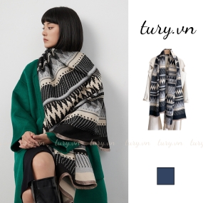 Khăn len choàng cổ giả cashmere unisex nam nữ họa tiết thổ cẩm cao cấp thời trang thu đông tone đen xanh - LN075