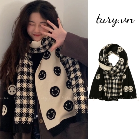 Khăn len choàng cổ unisex, Khăn giả cashmere họa tiết mặt cười cao cấp chất mịn thời trang thu đông tone đen - LN013