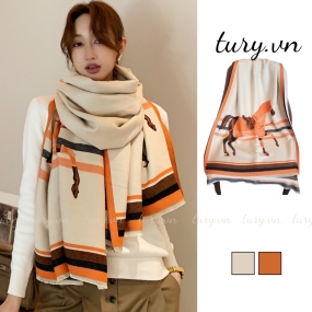Khăn len choàng cổ unisex nam nữ, Khăn giả cashmere họa tiết ngựa cao cấp mịn thời trang thu đông tone cam nâu - LN047