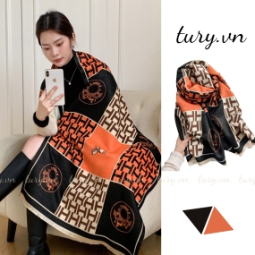 Khăn len choàng cổ unisex nam nữ, Khăn giả cashmere họa tiết lạ mắt cao cấp thời trang thu đông tone đen cam - LN048