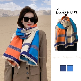 Khăn len giả cashmere choàng cổ unisex nữ họa tiết trơn phối màu kèm sọc thời trang thu đông tone xanh cam be - LN046