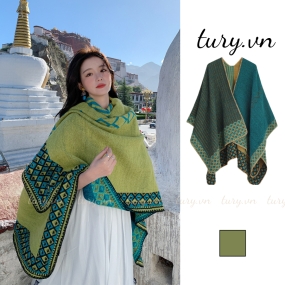 Áo choàng cổ len unisex, Khăn giả cashmere họa tiết cổ điển cao cấp chất mịn thời trang thu đông tone xanh - LN029