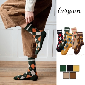 Tất Len Giữ Ấm Nam Nữ Unisex -Tury- Vớ Cổ Cao Dày Dặn Cổ Điển Retro Họa Tiết Hình Thoi Viền Sọc Mùa Thu Đông - TV007