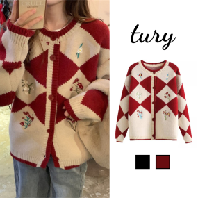 Áo Khoác Đỏ Cardigan Nữ - Tury - Áo Len Tay dài Họa Tiết Kẻ Kim Cương Thêu Họa Tiết Thời Trang Thu Đông Màu Basic -TA057