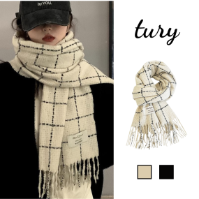 Khăn Len Cashmere Unisex, Choàng Len Sọc Caro Phối Tag Đơn Giản Unisex Giữ Ấm Thời Trang Thu Đông - TURY - Mã LN123