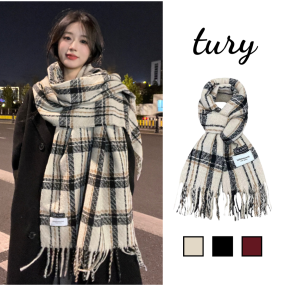 Khăn Len Cashmere Unisex, Choàng Len Sọc Caro Phối Tag Dệt Kim Unisex Giữ Ấm Thời Trang Thu Đông - TURY - Mã LN125