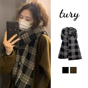 Khăn Quàng Cổ Len Unisex, Khăn Len Dệt Kim Họa Tiết Caro Phối Tag Dập Viền Phong Cách Hàn Quốc - Mã LN117