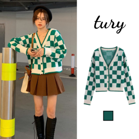 Áo Khoác Cardigan Nữ, Áo Len Dệt Kim Thu Đông Họa Tiết Kẻ Sọc Caro Xanh Dáng Croptop Phong Cách Hàn - Tury - TA029