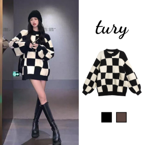 Áo Len Form Rộng Nữ Trendy - Tury - Áo Len Nữ Hàn Quốc Ấm Áp Họa Tiết Caro Cá Tính Thời Trang Thu Đông Màu Đen Nâu-TA056