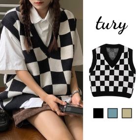 Áo Gile Len Unisex Nam Nữ - Tury - Áo Ulazzang Cổ Chữ V Họa tiết Caro Dệt Kim Retro Thời Trang Thu Đông Màu Basic -TA054