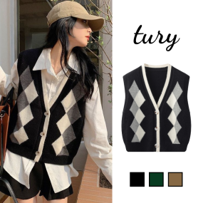 Áo Gile Unisex, Áo Khoác Len Không Tay Dệt Kim Cardigan Họa Tiết Hình Thoi Thời Trang Thu Đông  - Tury - TA027