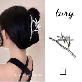 Kẹp tóc càng cua hot trend hình trúc cực độc đáo và sang trọng, Kẹp tóc kim loại màu bạc phong cách Hàn Quốc - Mã KT026