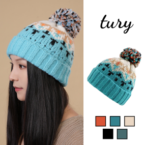 Mũ Len Đan Tay Nam Nữ - Tury -  Mũ Len Cao Cấp Retro Phối Màu Đính Lông Bông Thời Trang Thu Đông Ấm Áp Phong Cách Nhật Bản - NL039