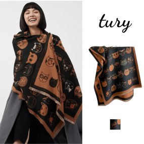 Khăn Quàng Cổ Len Unisex, Khăn Len Cashmere Họa Tiết Cú Mèo Màu Nâu Đen Sang Trọng Thời Trang Thu Đông - Mã LN122