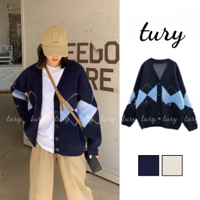 Áo Khoác Unisex Cardigan Len Tay Dài Họa Tiết Hình Thoi Thời Trang Thu Đông Phong Cách Hàn Quốc - Tury - Mã TA021
