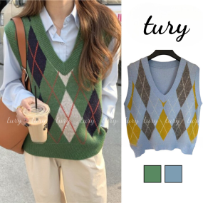 Áo Gile Unisex Chất Len Cao Cấp Phối Họa Tiết Hình Thoi Phong Cách Hàn Quốc Thời Trang Thu Đông - Tury - MÃ TA052