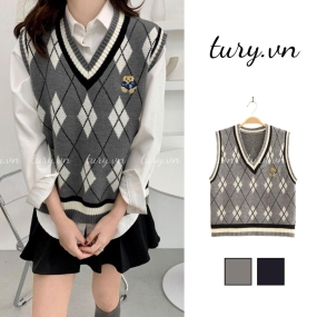 Áo Gile Len Unisex, Áo Len Không Tay Họa Tiết Phối Màu Xám Kiểu Hàm Form Rộng Basic Kiểu Học Sinh - Tury- TA017