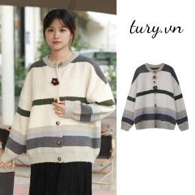 Áo Khoác Nữ Cardigan Unisex Dáng Rộng Họa Tiết Đính Hoa Nổi Kẻ Sọc Phong Cách Retro Hàn Quốc Nữ Tính - Tury - TA043