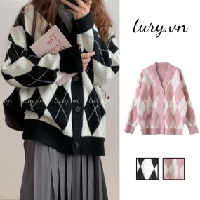 Áo Khoác Cardigan Len Tay Dài Họa Tiết Kim Cương Thời Trang Thu Đông Phong Cách Hàn Quốc Màu Đen Hồng- Tury-Mã TA004