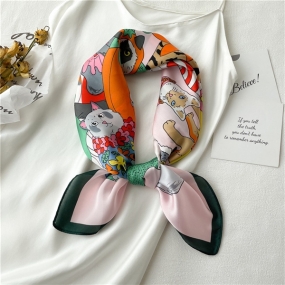 Khăn Lụa Vuông Unisex, Khăn Turban Choàng Cổ Vuông Phối Mèo Nhí Sang Trọng Trẻ Trung - 70x70cm - Mã KL061