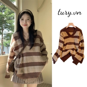 Áo Len Dệt Cổ V Unisex, Áo Sweater Len Họa Tiết Kẻ Ngang Cổ Tim Form Dáng Rộng Phong Cách Hàn Quốc - Tury - TA044