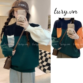 Áo Sweater Dáng Rộng Unisex, Áo Len tay Dài Cổ Tròn Phối Màu Họa Tiết Đơn Giản Thời Trang Hàn Quốc - Tury - TA042