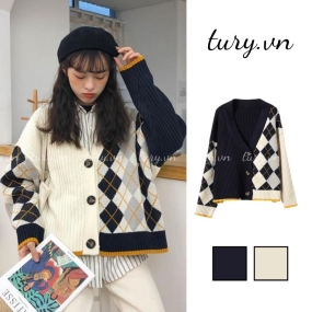Áo Khoác Cardigan Unisex, Áo Len Form Rộng Họa Tiết Kim Cương Phối Viền Cam Cá TínhPhong Cách Hàn Quốc - Tury - TA036