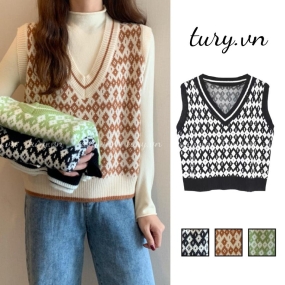 Áo Gile Nữ Len Tay Cộc Họa Tiết Thổ Cẩm Dáng Ngắn Thời Trang Thu Đông Phong Cách Vintage Nhiều Màu- Tury - Mã TA009