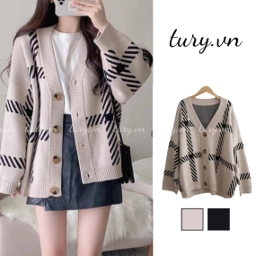 Áo Khoác Len Cardigan Unisex Dệt Kim Dáng Rộng Họa Tiết Kẻ Sọc Đen Trắng Ô Vuông Thời Trang Thu Đông - Tury - TA039