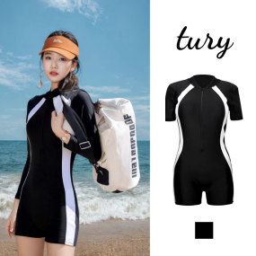 Áo bơi nữa liền thân đen viền trắng tay ngắn - AH026 