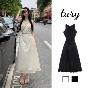 Váy dài đi biển hở eo cổ yếm tua rua - AH033 