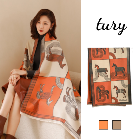 Khăn len choàng cổ unisex nam nữ, Khăn giả cashmere họa tiết ngựa cao cấp mịn thời trang thu đông tone cam nâu - LN119