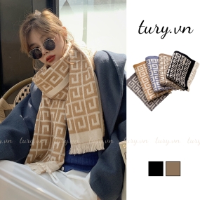 Khăn len choàng cổ unisex, Khăn giả cashmere họa tiết chữ G cao cấp chất mịn thời trang thu đông tone đen nâu - LN022